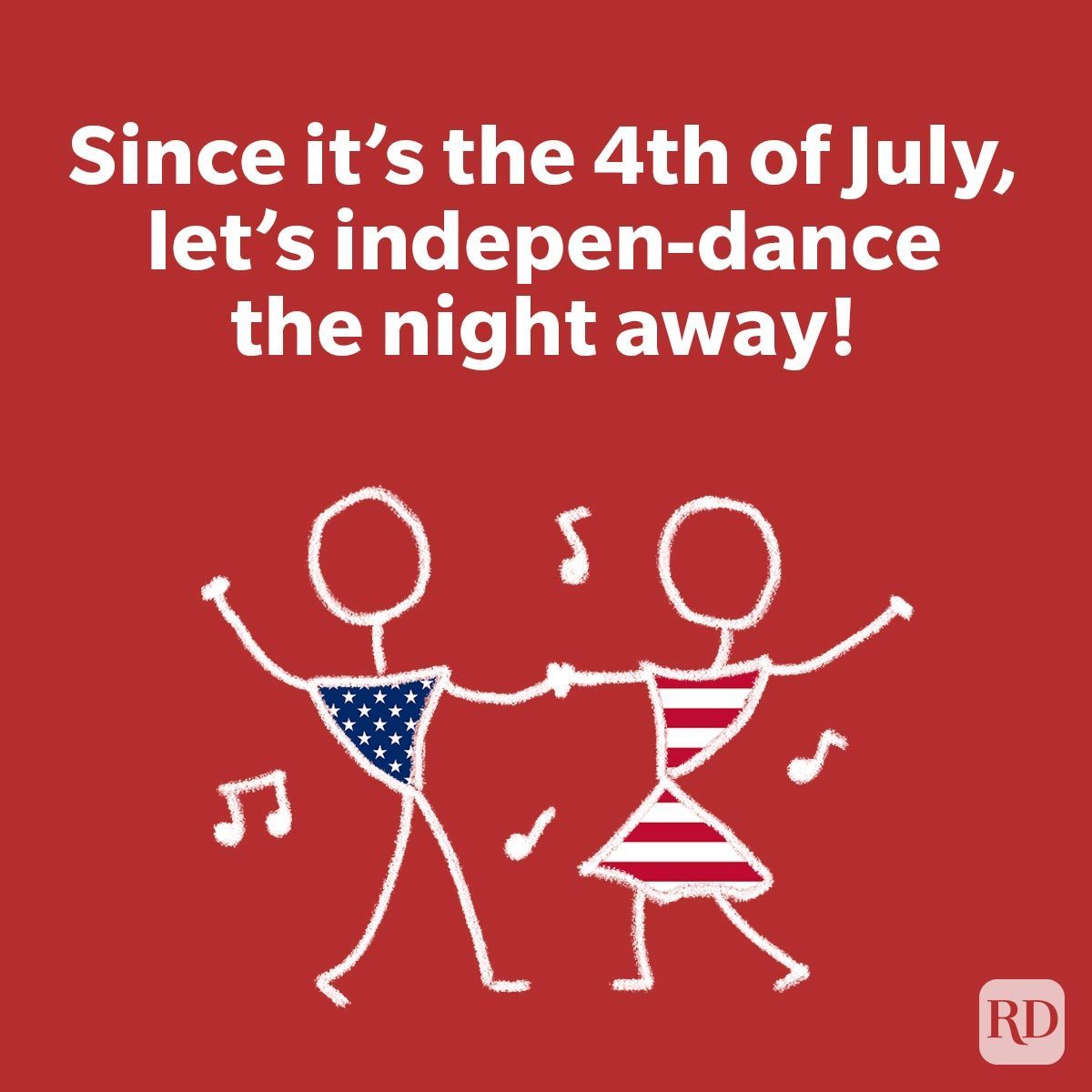 Jokes For July 4th That Let Laughter Ring dancing man and woman doodle American Stars and Stripes flag on red background