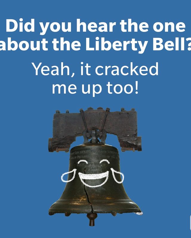 Jokes For July 4th That Let Laughter Ring Liberty Bell on blue background