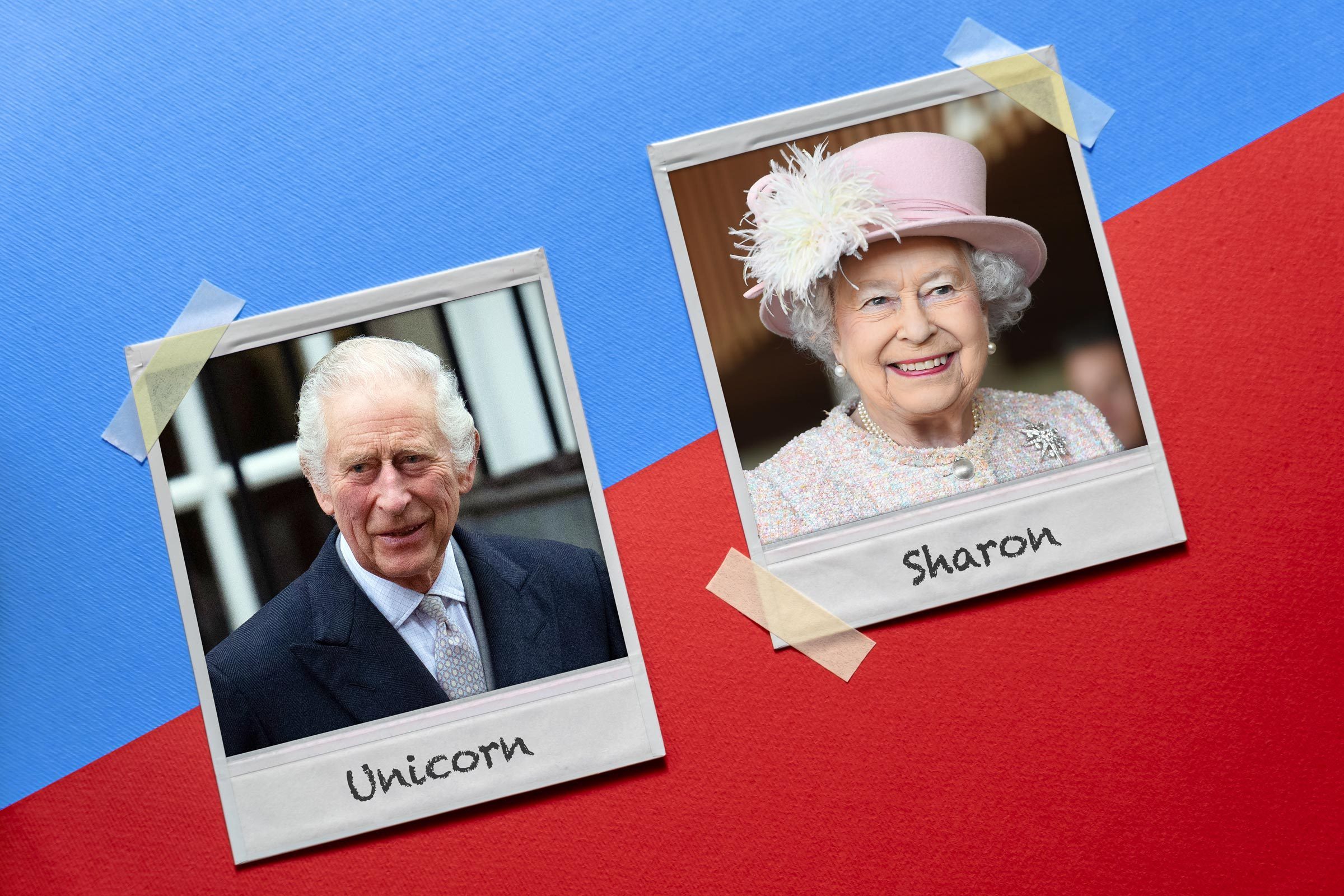 Polaroid pictures with King Charles and queen Elizabeth II labeled with their code names, "unicorn" and "sharon"