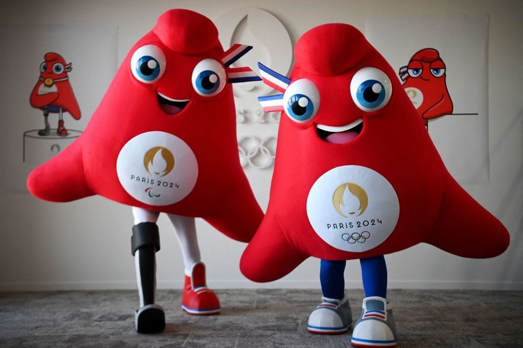 mascots for the Paris 2024 Olympic (R) and Paralympic (L) Games 'Les Phryges'