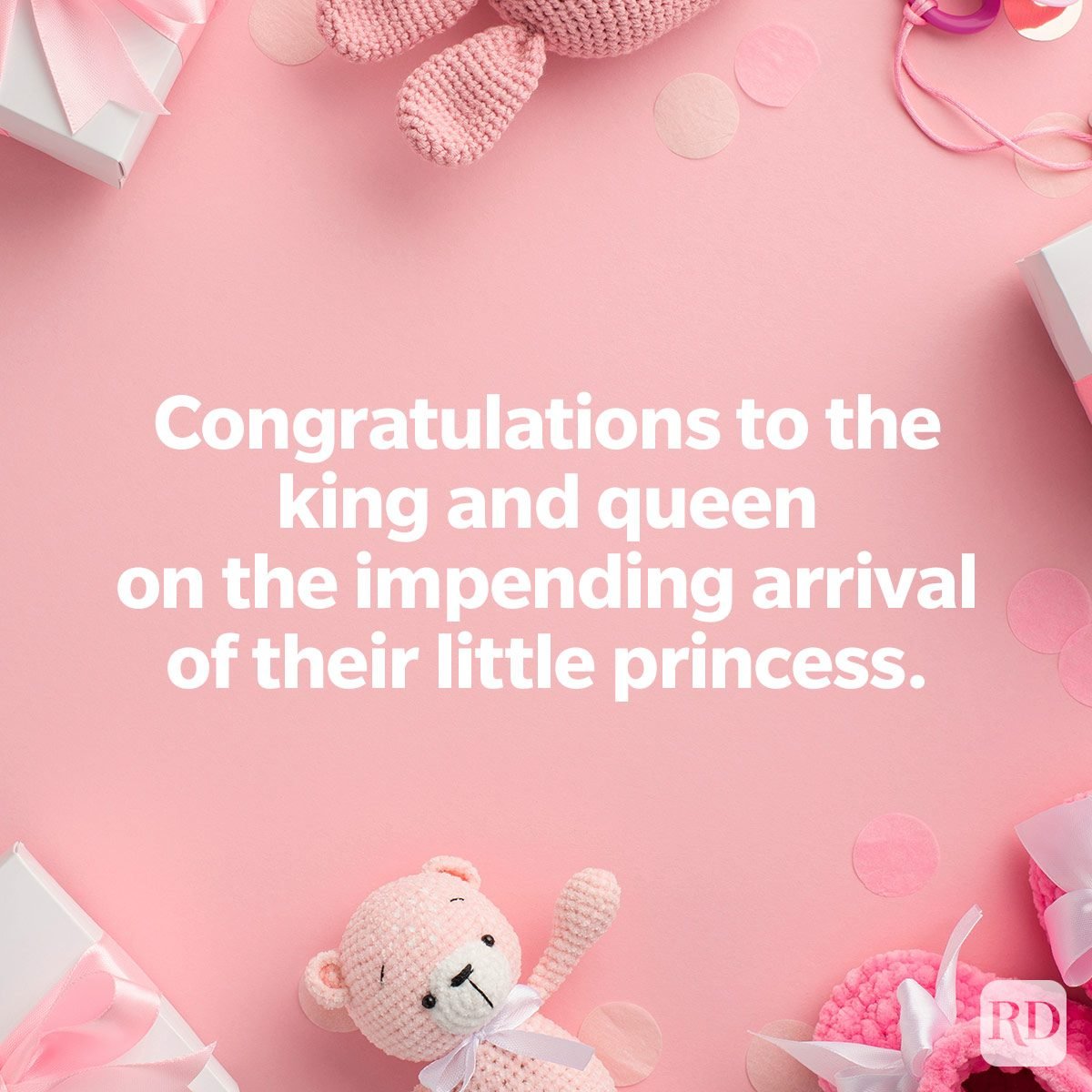 sweet baby wishes to send to expectant parents on baby toys and items background flat lay Congratulations to the king and queen on the impending arrival of their little princess.