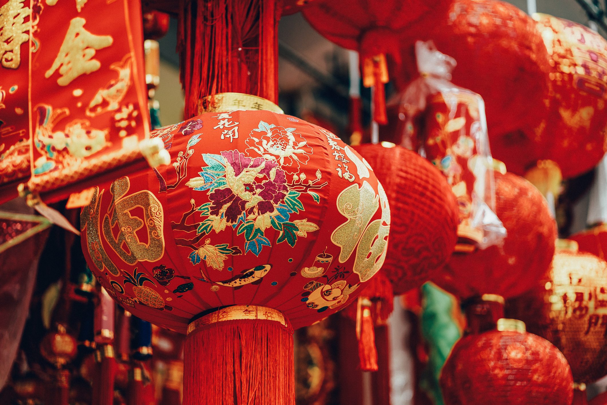 Vibrant colours of lanterns, decorations and ornaments for Chinese New Year in celebration of luck, healthiness, happiness, reunion and prosperities