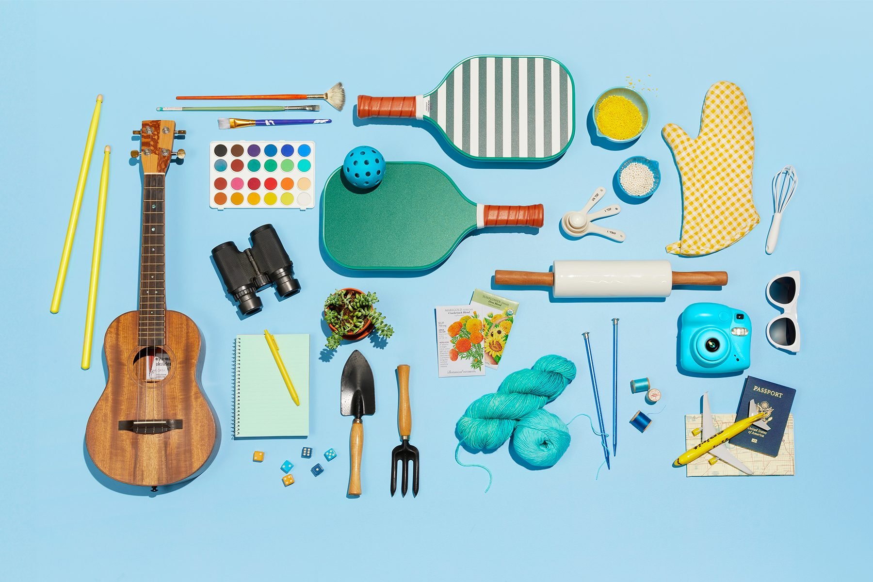 A flat lay image displaying an assortment of hobby-related items on a blue background. Visible are a ukulele, paint set, brushes, knitting yarn, badminton rackets, gardening tools, binoculars, an oven mitt, a film camera, ping pong paddles, and other craft supplies.