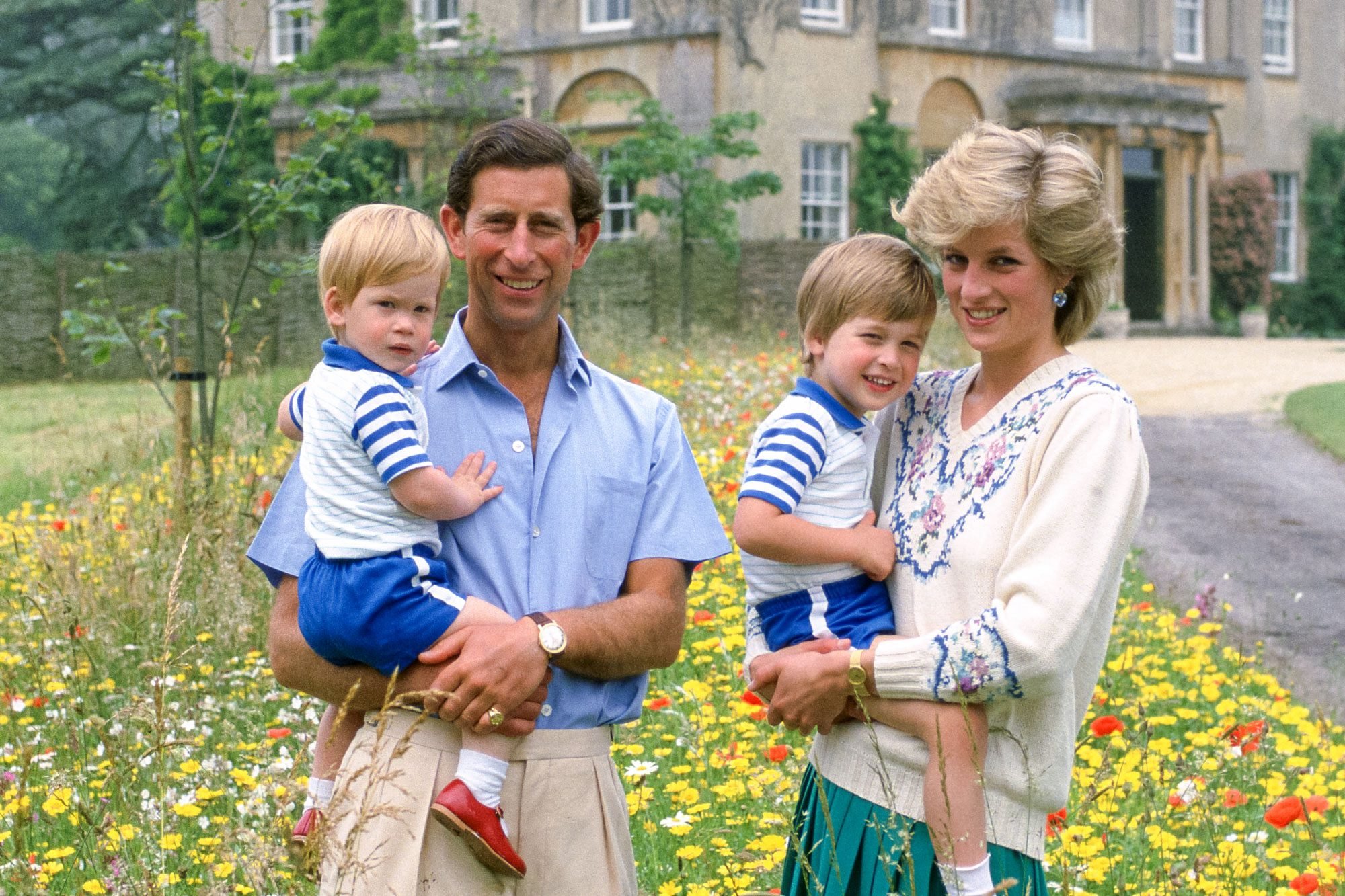 Prince Charles Prince Of Wales And Diana Princess Of Wales Pose With Their Sons Prince William And Prince Harry In The Wild Flower Meadow